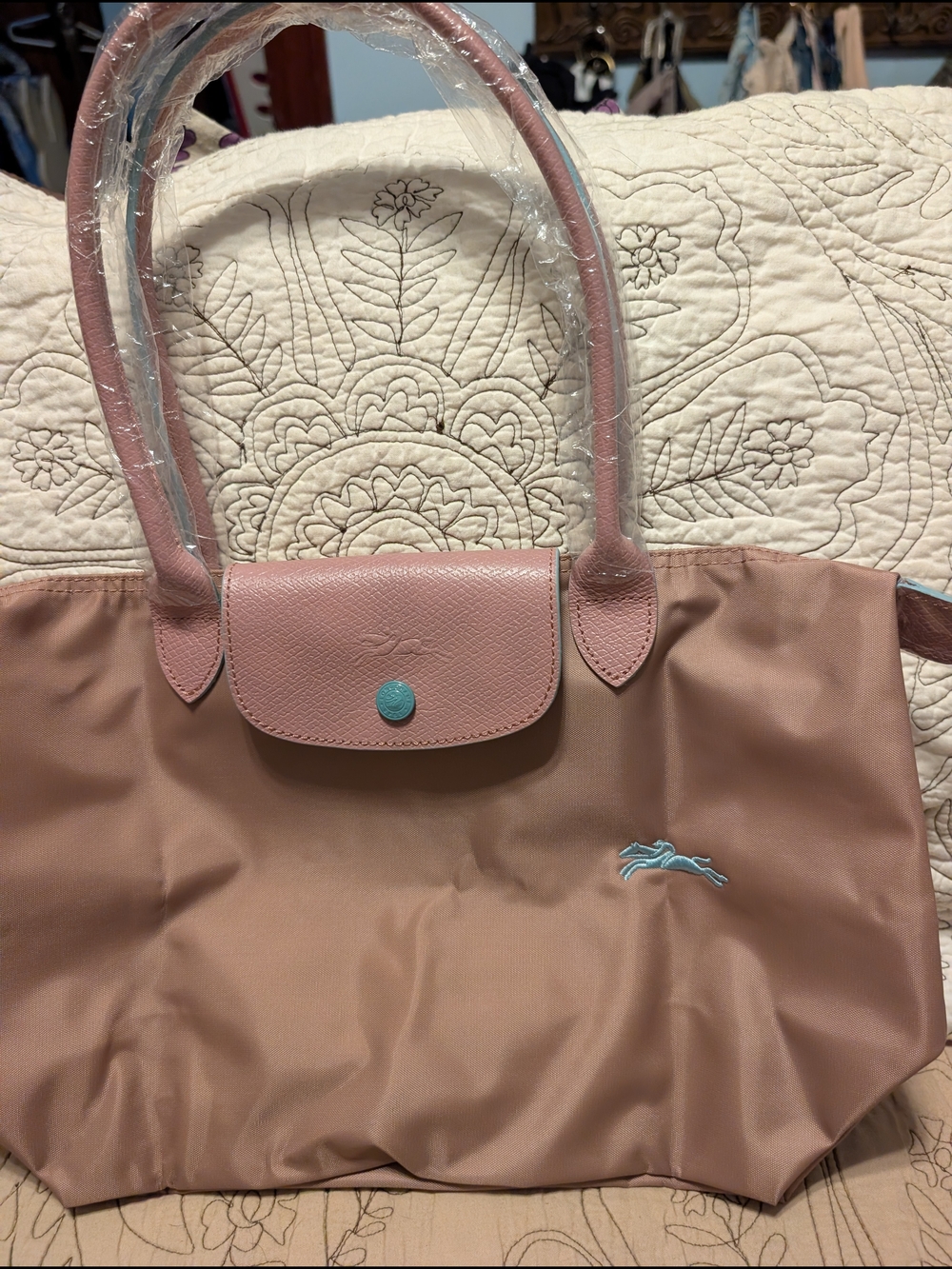 Longchamp blush pink Le Pliage Nylon Tote with turquoise button detail